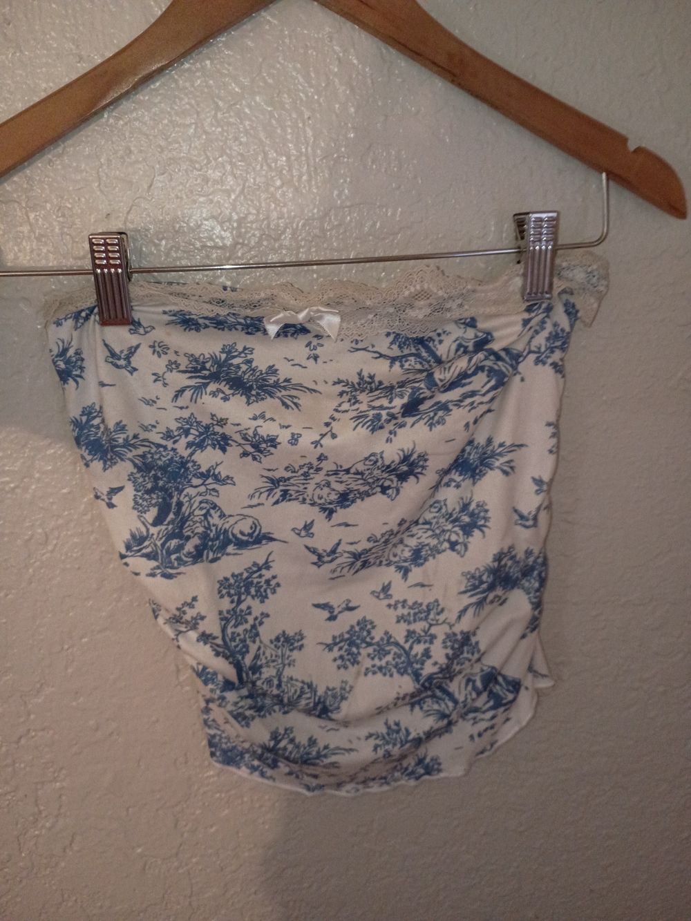 Blue Toile Lace-Trim Tube Top